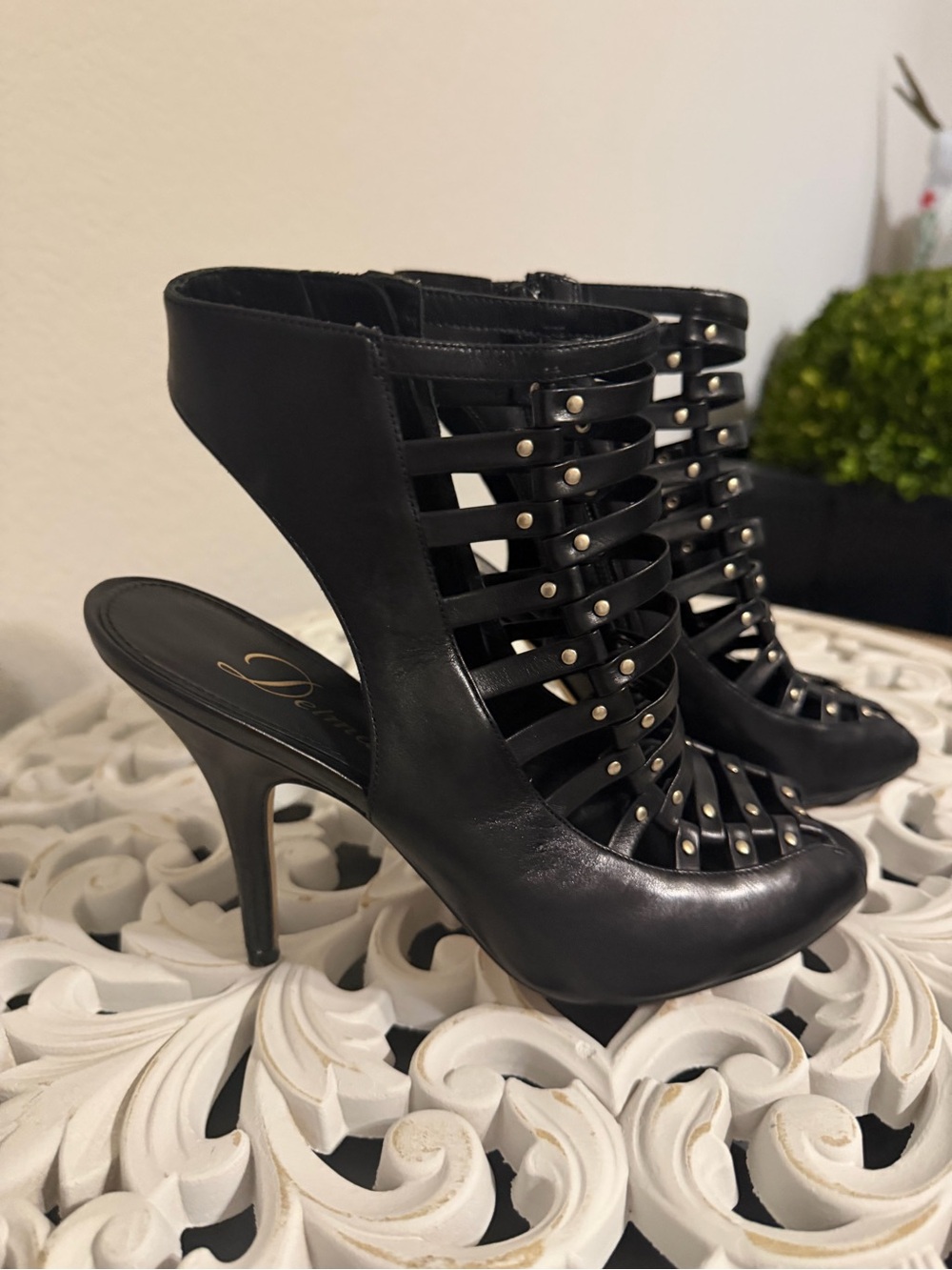 Delman Black Strappy Studded High Heel Sandals